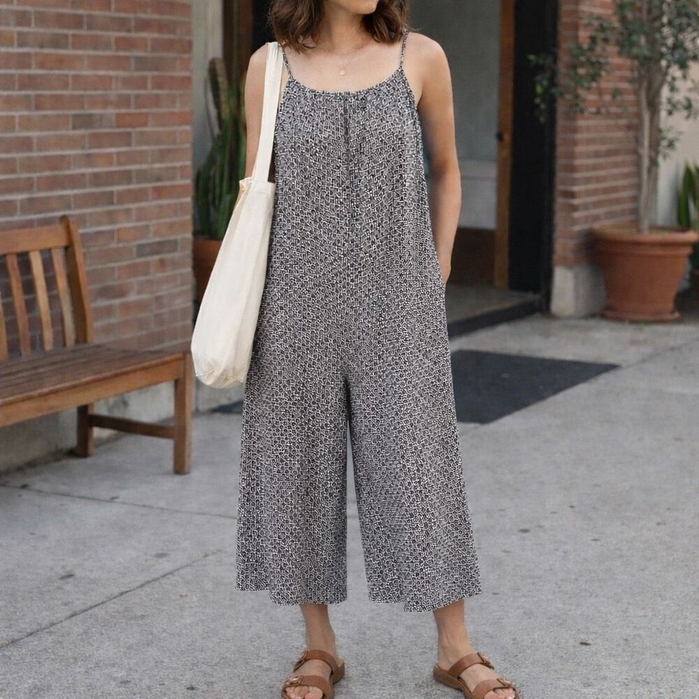 BISHOP + YOUNG Wide Leg Jumpsuit Brown Blue Tile Floral Print Gathered Neckline